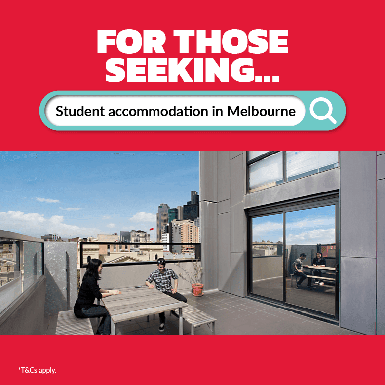 Students relaxing on an outdoor terrace with city skyline view in Melbourne at Student Living on Campus.