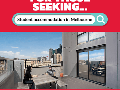 Students relaxing on an outdoor terrace with city skyline view in Melbourne at Student Living on Campus.