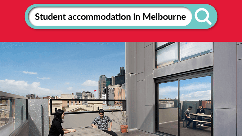 Students relaxing on an outdoor terrace with city skyline view in Melbourne at Student Living on Campus.