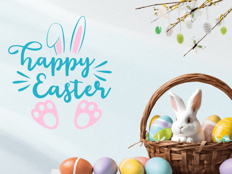 Easter decorations and bunny in basket promoting Easter Sunday BBQ Lunch offer.