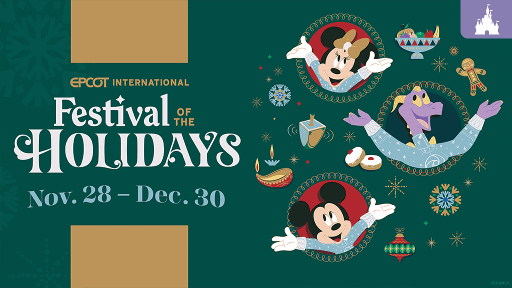 The EPCOT Festival of Holidays graphic with Mickey, Minnie, and Figment in matching blue holiday sweaters surrounded by holiday icons.
