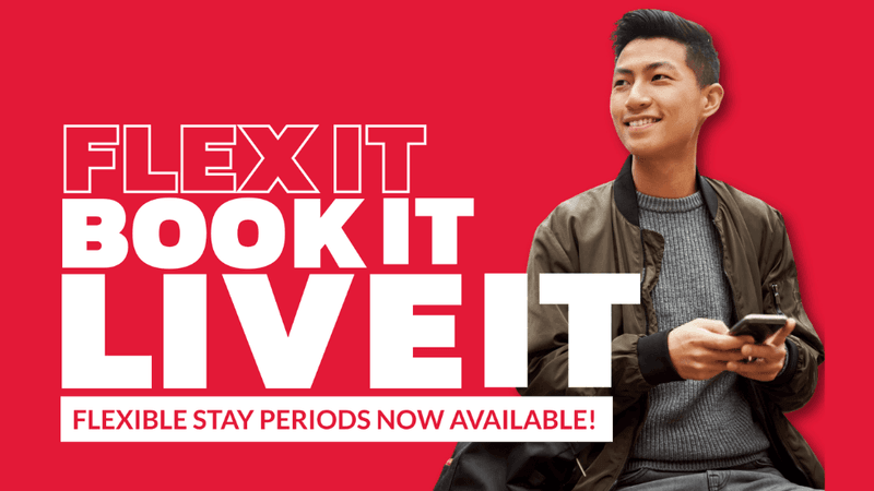 Male student holding smartphone against red background with bold text promoting flexible booking options and stay periods.