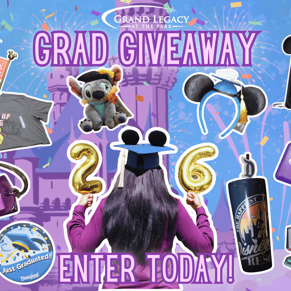 Graduate in Mickey ears holding gold balloons displaying 2026 surrounded by themed prizes and festive confetti graphics