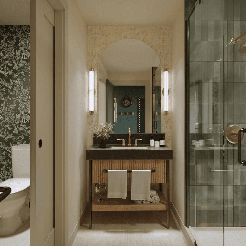 Bathroom vanity with amenities at Hotel Brookmere