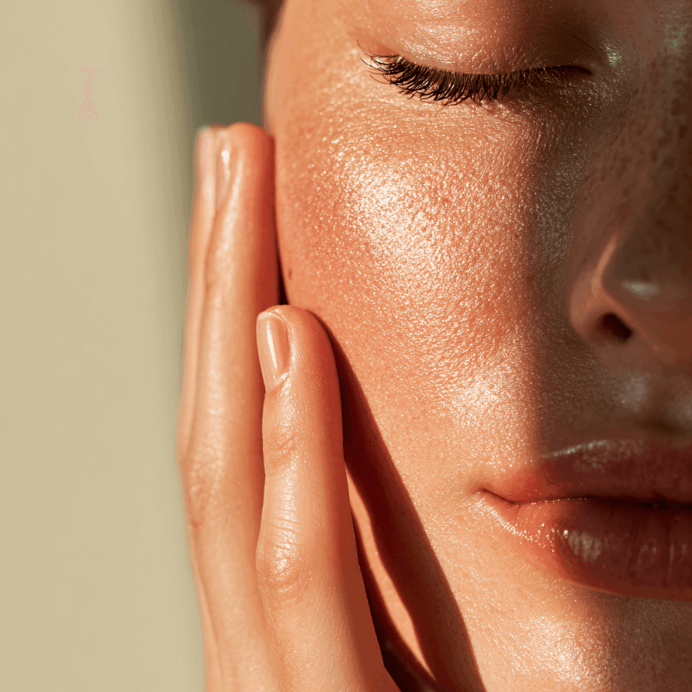 Guest touching glowing facial skin with fingertips under warm natural light during a skincare session at Hotel X Toronto