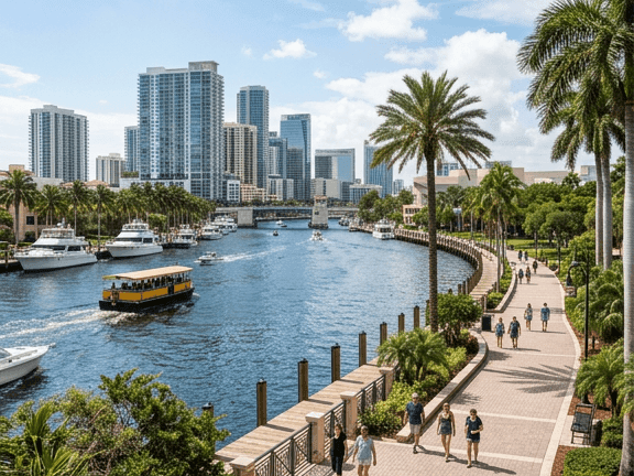 Riverwalk Fort Lauderdale scenic riverfront promenade lined with tropical palm trees near The Atlantic Hotel & Spa