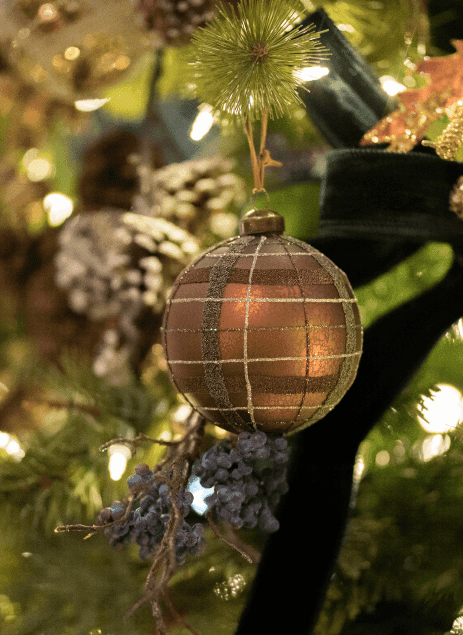 A close-up view of a Christmas ornament used at Alderbrook Resort & Spa