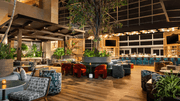 Stylish lobby lounge with plush seating and contemporary bar design.