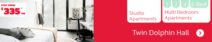 Stylish studio apartment at Twin Dolphin Hall with modern furnishings – studio and multi-bedroom options from $335 per week.