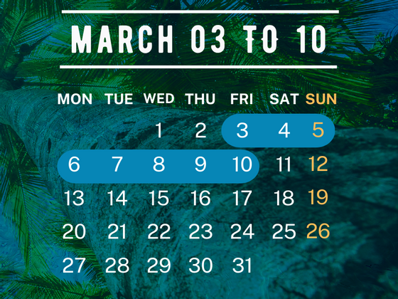 Calendar of March 3rd - 10th at Playa Blanca Beach Resort