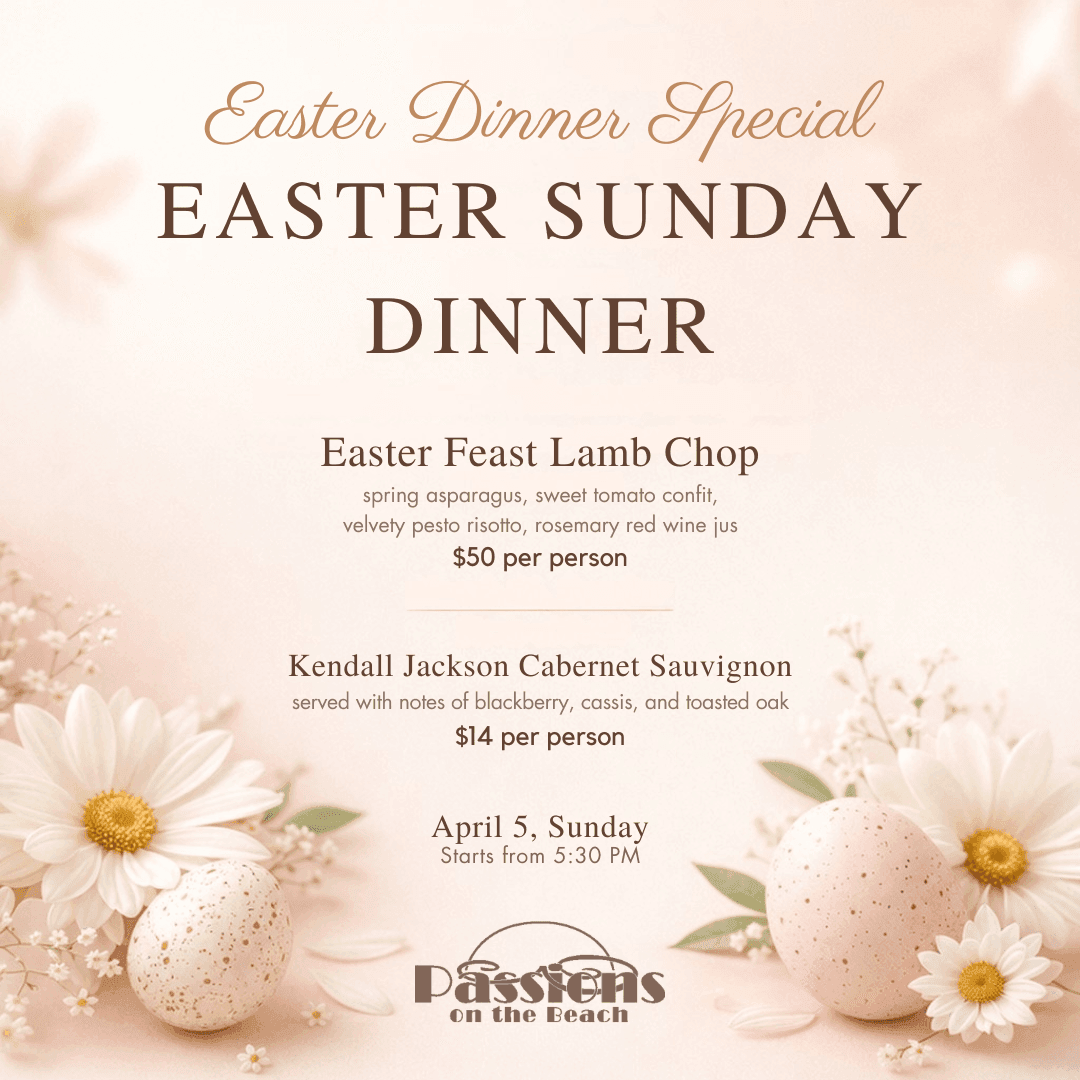 Easter Sunday dinner flyer with lamb chop, wine, and dessert details on a floral background.