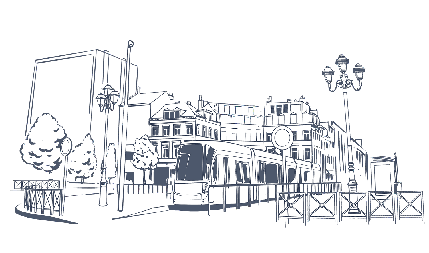 Artistic line illustration of a tram in a Brussels city square near Hotel Barsey by Warwick