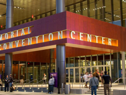 Exterior view of the Morial Convention Center at night