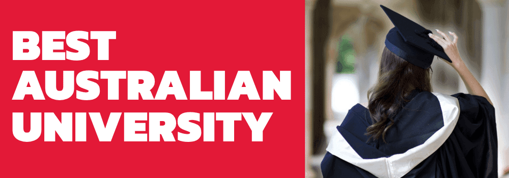 Graphic image with student in graduation gowns. Text reads, "Best Australian University" in all caps.