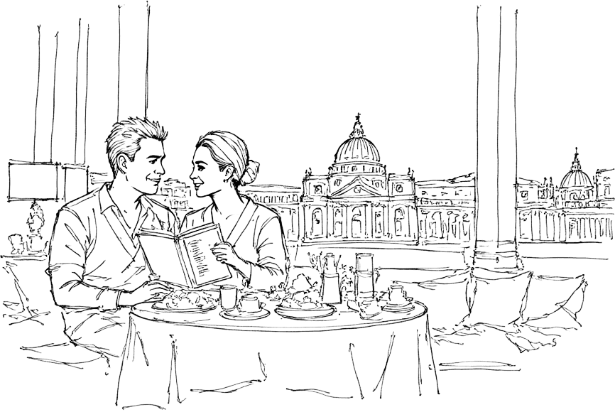 Sketch of a couple dining with a view of a grand domed cityscape at AG Hotels