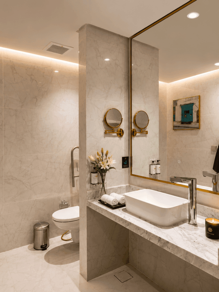 Marble vanity with sink and mirror in Accessible Room at Naviti by Warwick Jeddah, capturing stylish hotel rooms in Jeddah
