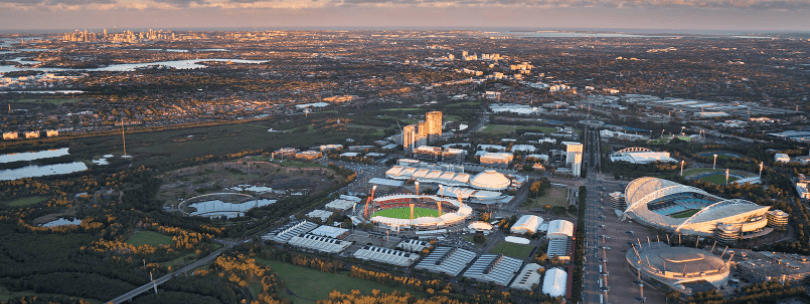 Aerial view of Sydney Showground with green spaces framed by a distant city skyline near Novotel Sydney Olympic Park