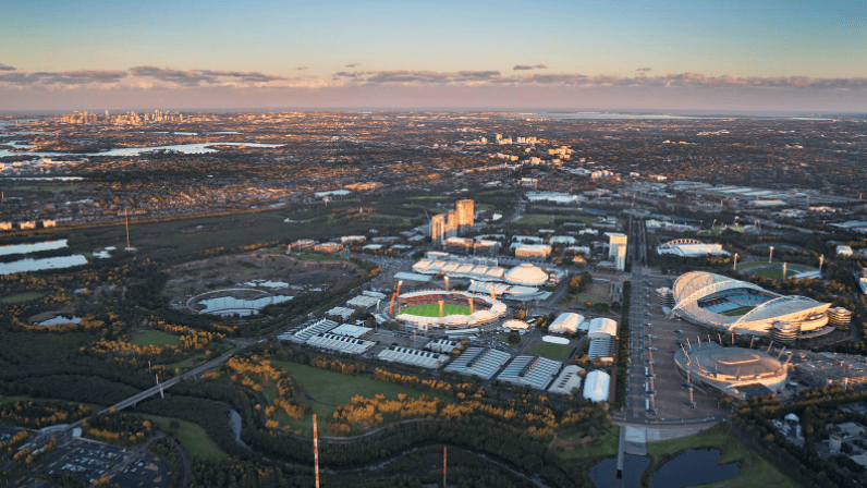 Aerial view of Sydney Showground with green spaces framed by a distant city skyline near Novotel Sydney Olympic Park
