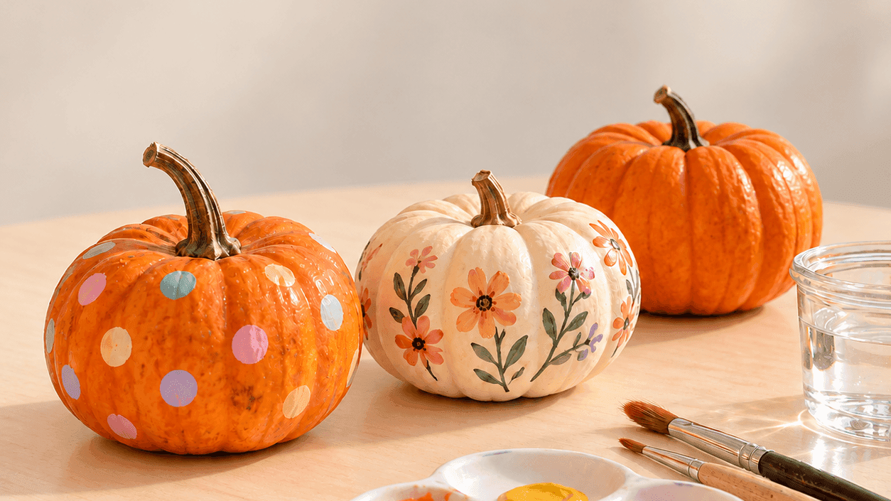 Three mini pumpkins decorated with colorful polka dots and floral designs alongside paint palette and brushes on table.