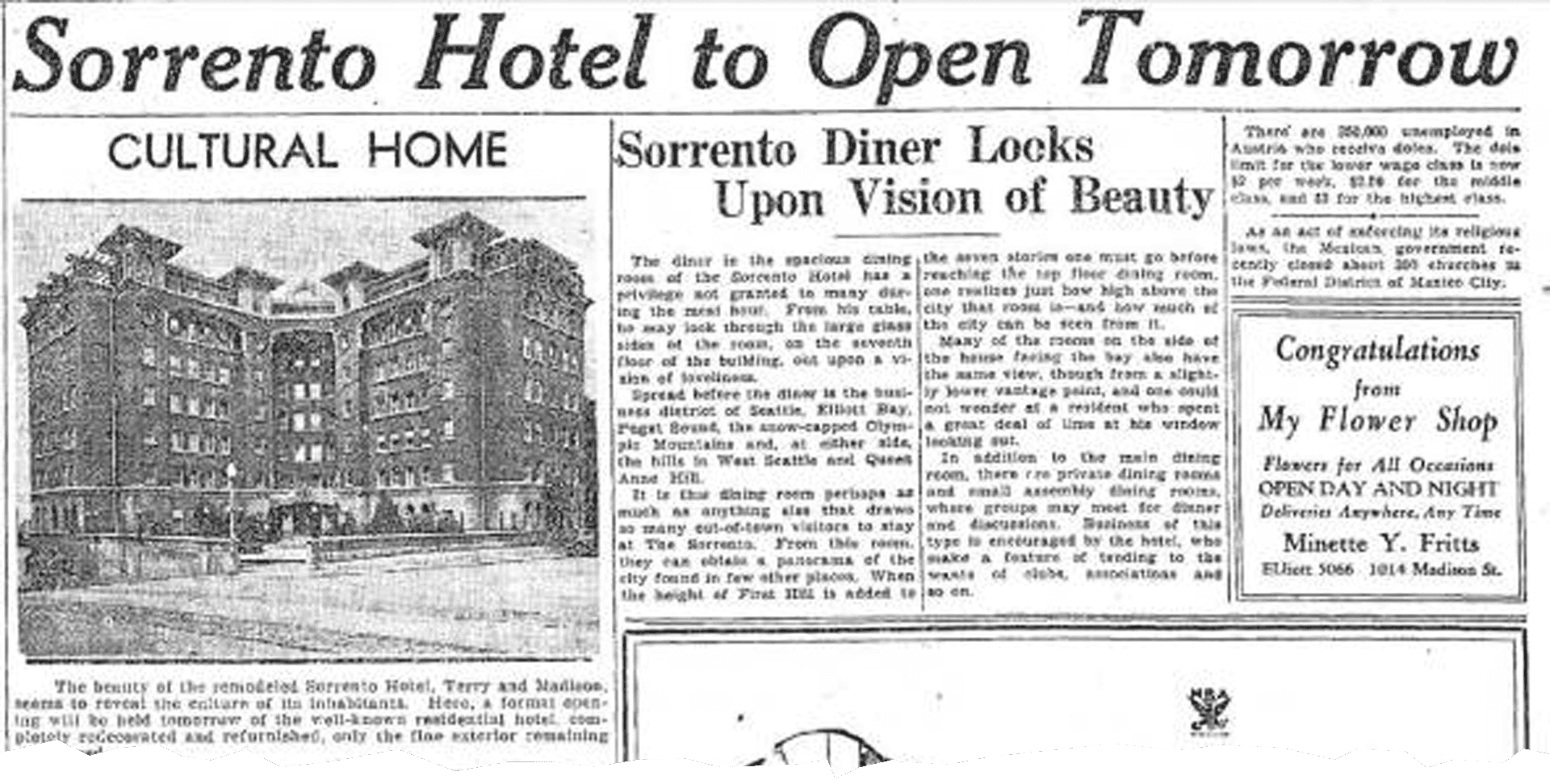 Vintage 1909 newspaper article announcing Hotel Sorrento opening