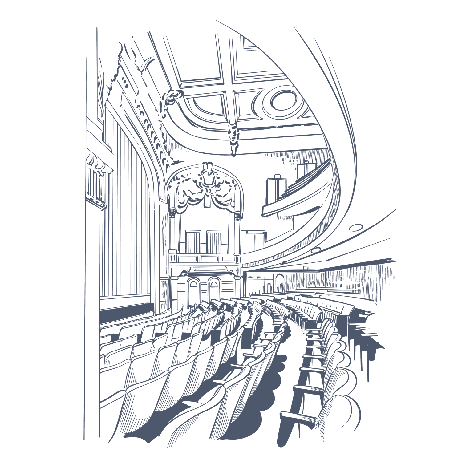 Artistic sketch of a grand theater interior with tiered seating near Warwick New York