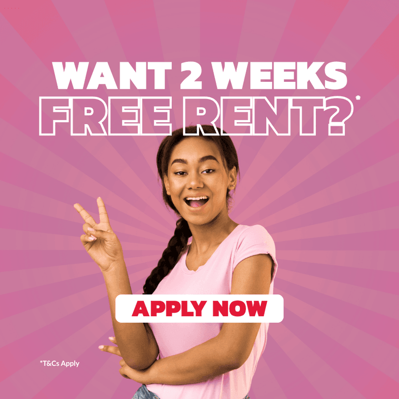 Female student in pink shirt making peace sign on promotional graphic for UniLodge Park Avenue two weeks free rent offer