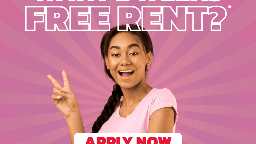 Female student in pink shirt making peace sign on promotional graphic for UniLodge Park Avenue two weeks free rent offer