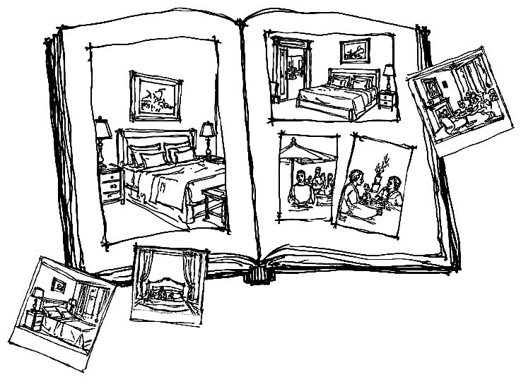 Sketch of an open photo album used at AG Hotels