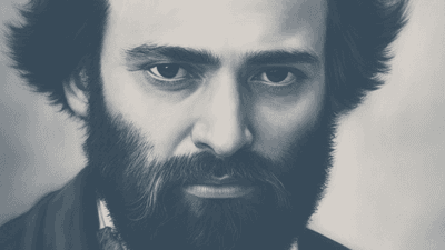 Portrait en noir et blanc d'un homme à barbe et moustache, regardant vers la gauche.