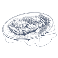 Vector illustration of a meat dish, possibly steak, served on a platter used at Warwick Melrose Dallas Hotel
