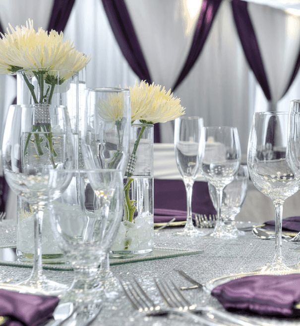 Decorated tables in a ballroom at Hotel Clique Calgary Airport