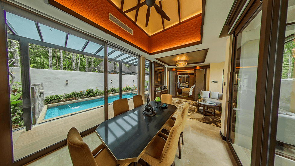 Grand Garden Villa dining area with pool view and vaulted ceiling at The Banjaran Hotsprings Retreat, Ipoh.