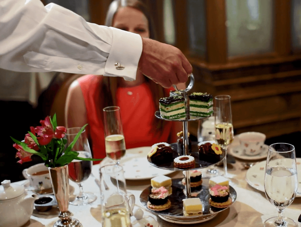 Sophisticated Tea Dessert Stand featuring an assortment of elegant pastries at the Peabody Hotel's afternoon tea in Memphis