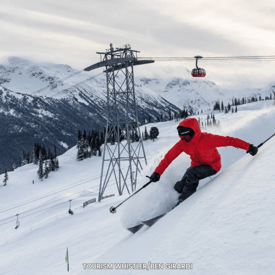 Man skiing down a snowy slope on skis near Blackcomb Springs Suites