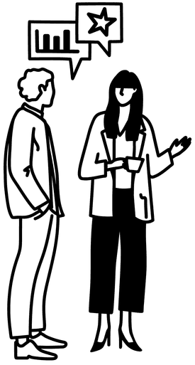 Illustration von zwei Personen, die sich angeregt unterhalten, verwendet in den Flemings Hotels