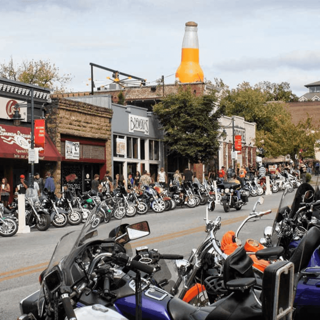 The Mainstreet of Fayetteville lined with motorcycles