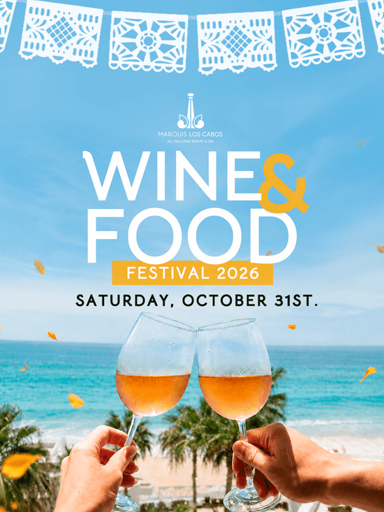 Two hands toasting with rosé wine glasses for Wine & Food Festival 2026 on October 31st at Marquis Los Cabos.
