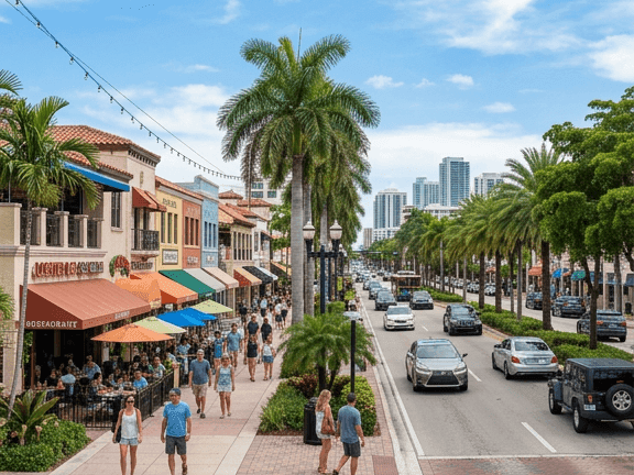Las Olas Boulevard lively palm-lined street with a lot of crowds and shops near The Atlantic Hotel & Spa