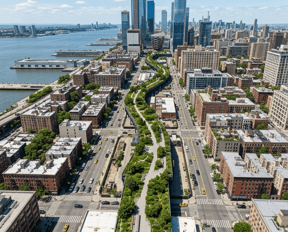 An aerial view of a city with a park and skyscrapers
