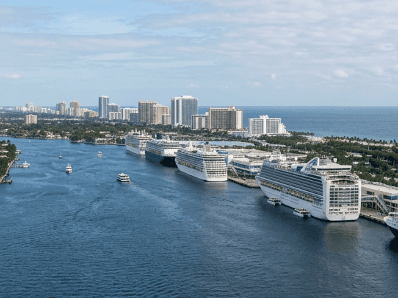 Cruise Port in Fort Lauderdale with cruise ships docked along the harbor near The Atlantic Hotel & Spa