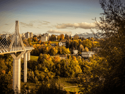 Pont de la Poya bridge spanning a river amid greenery and distant mountains near Hotel des Innovations