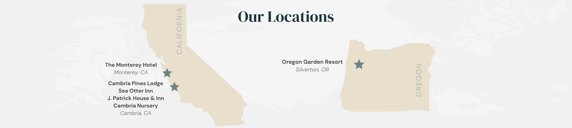 Map showing hotel locations in California and Oregon\