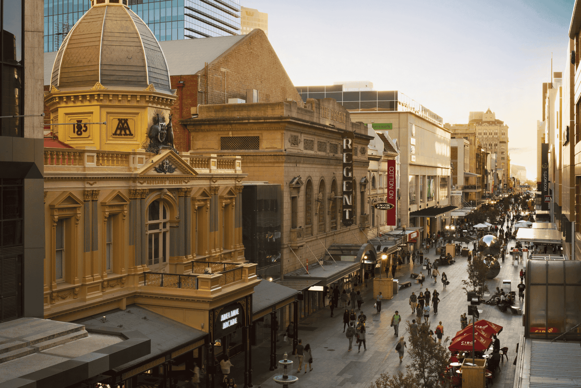 Rundle Mall shopping street with historic charm and sunset views near Ibis Adelaide