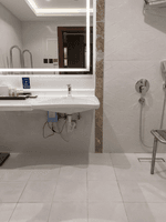 Accessible room bathroom with roll-in shower, grab bars and foldable shower chair