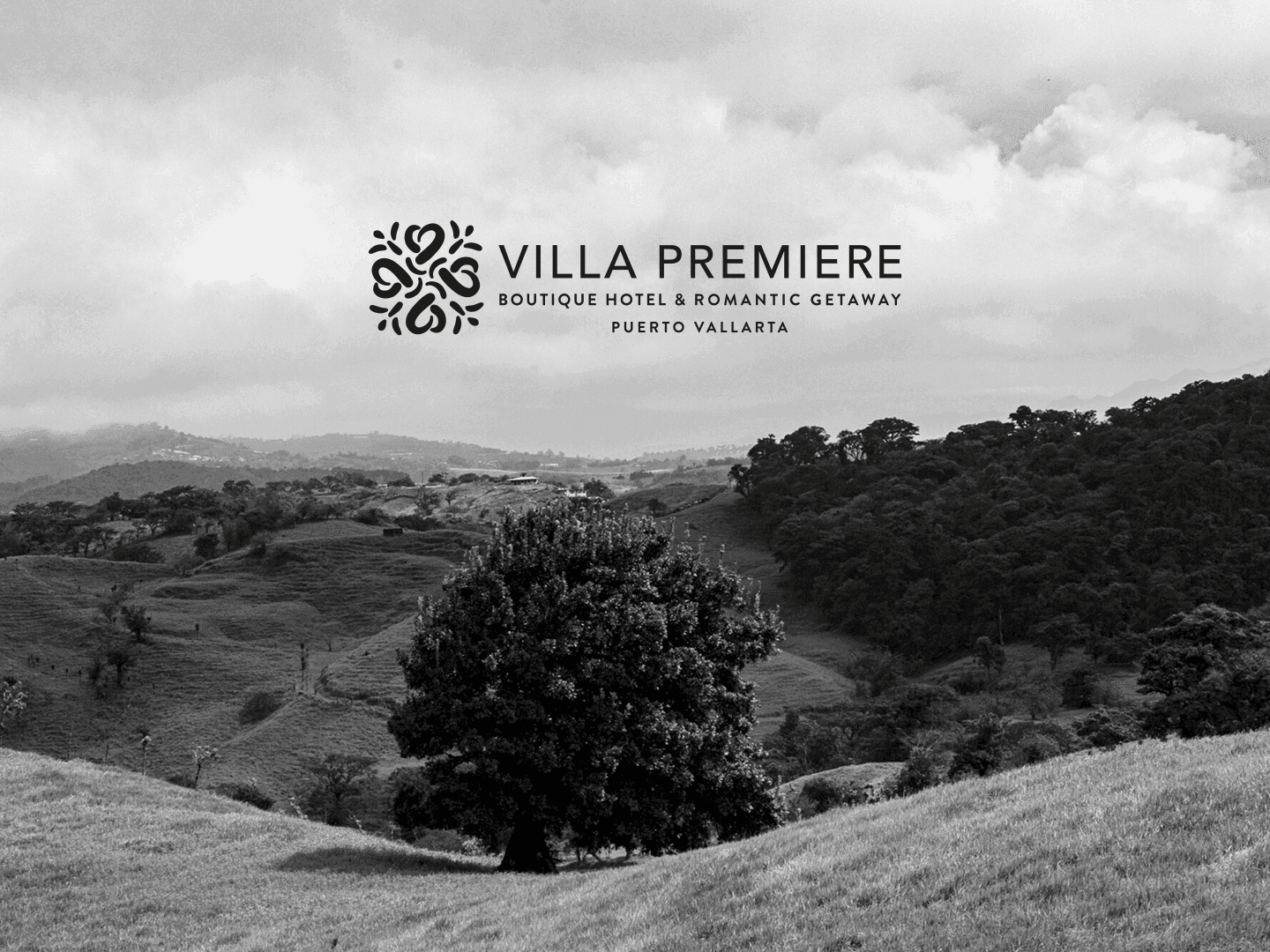 Paisaje en blanco y negro con colinas cubiertas de hierba y texto 