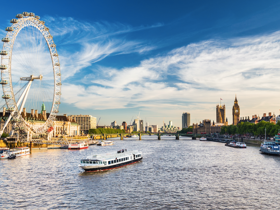 View of boat on River Thames with London Eye