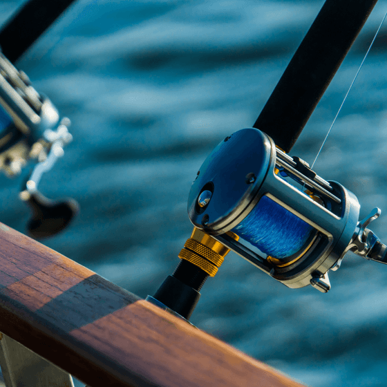 Close-up of fishing rod reel near Beauport Hotel Gloucester