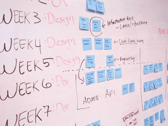 Sticky notes and diagrams outline a project timeline on a whiteboard at Hotel des Innovations