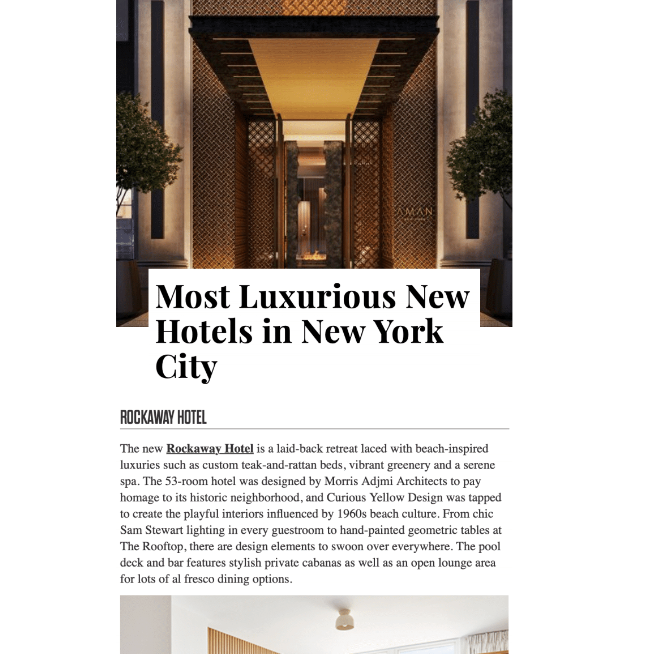 Article about The Rockaway Hotel in news as a Most luxury hotel