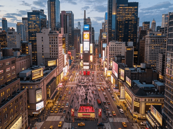 A cityscape at dusk with skyscrapers and busy streets.